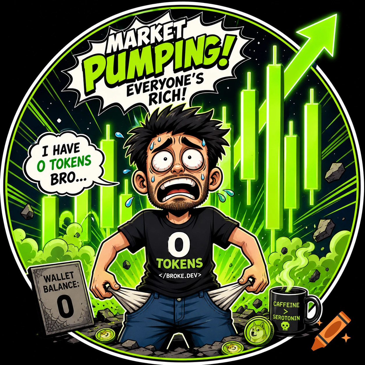 Cartoon crypto developer with empty pockets and "0 Tokens" on his shirt, looking stressed as green market candles pump in the background.