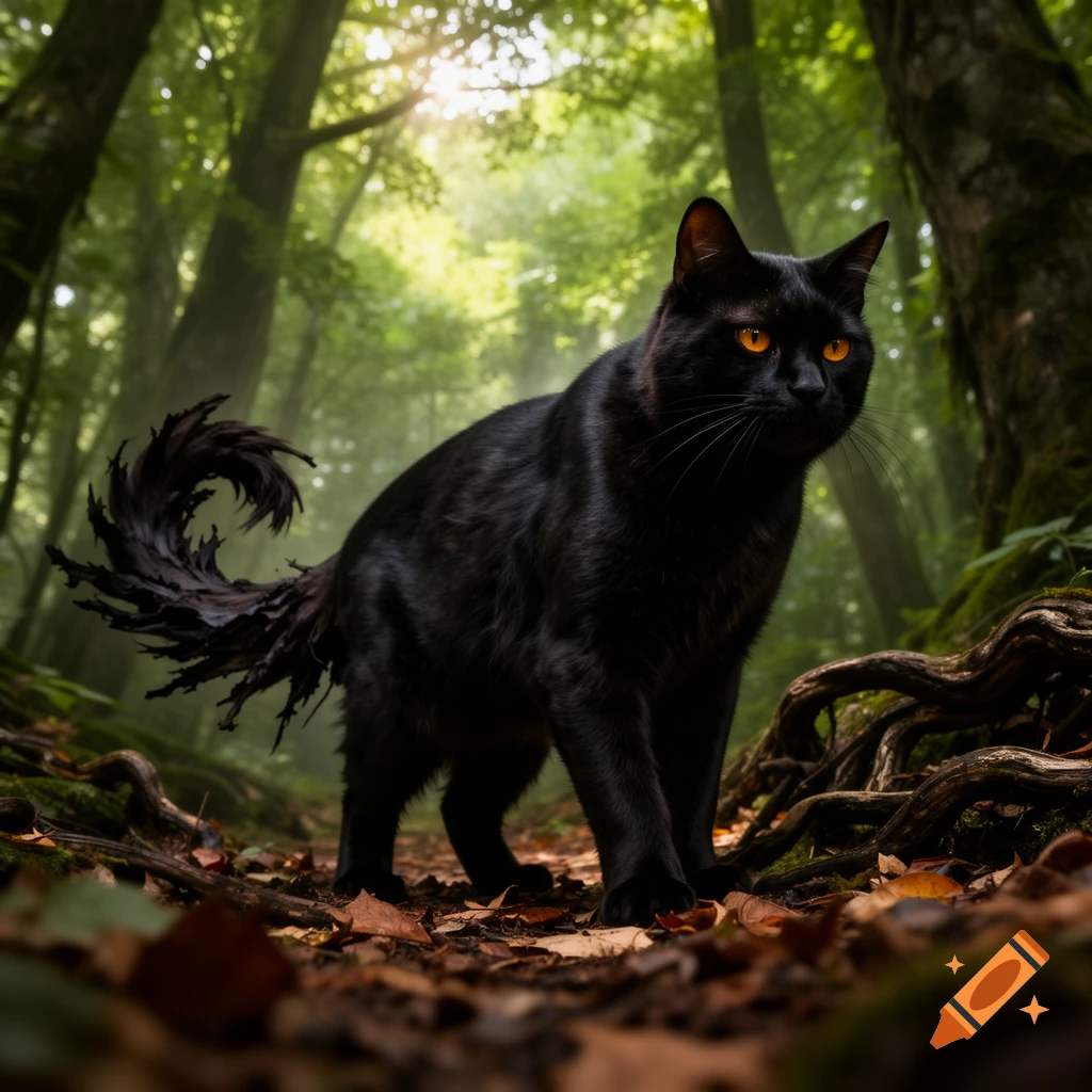 A black cat with glowing orange eyes and a ragged, twisted tail stands on a forest path, sunlight filtering through misty trees.