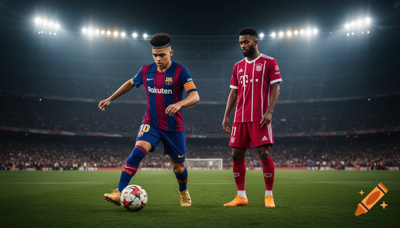Two realistic male soccer players in blue/red and red jerseys on a floodlit stadium field at night.