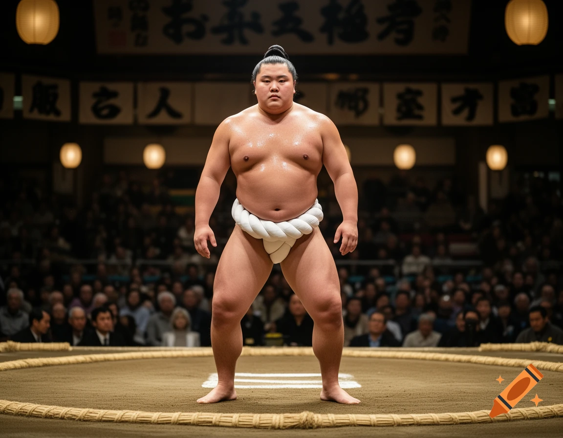 A muscular sumo wrestler stands confidently in the center of a dohyo ring, facing forward, with an audience in the blurred background.