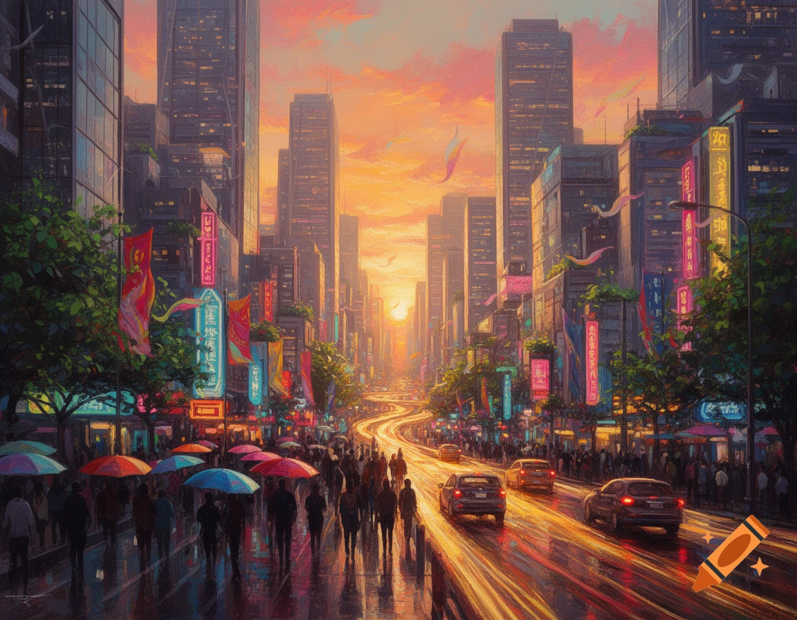 Painterly cityscape at sunset with tall buildings, a busy street with pedestrians holding umbrellas and cars with light trails.