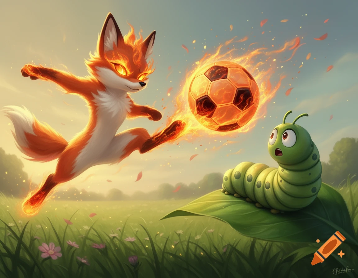 A cartoon fox with fiery eyes and paws kicks a flaming soccer ball towards a surprised green caterpillar on a leaf in a grassy field.