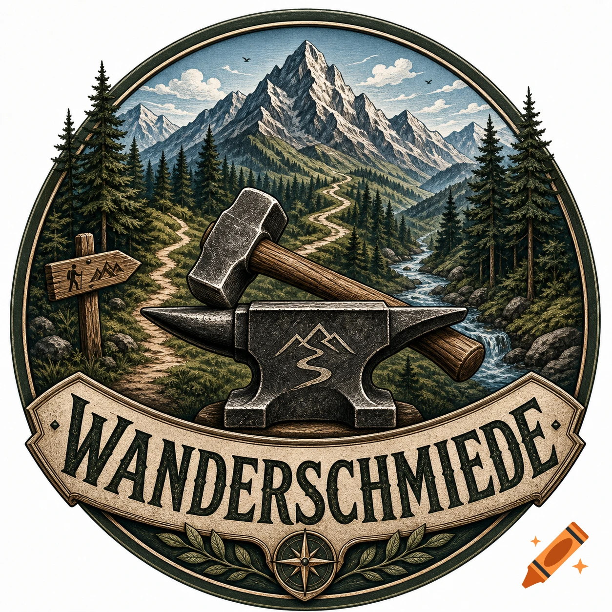 A circular logo featuring a mountain landscape with a winding path and river, framed by pine trees. A large hammer rests on an anvil, and a banner reads 'WANDERSCHMIEDE'. A wooden signpost with a hiker symbol points left.