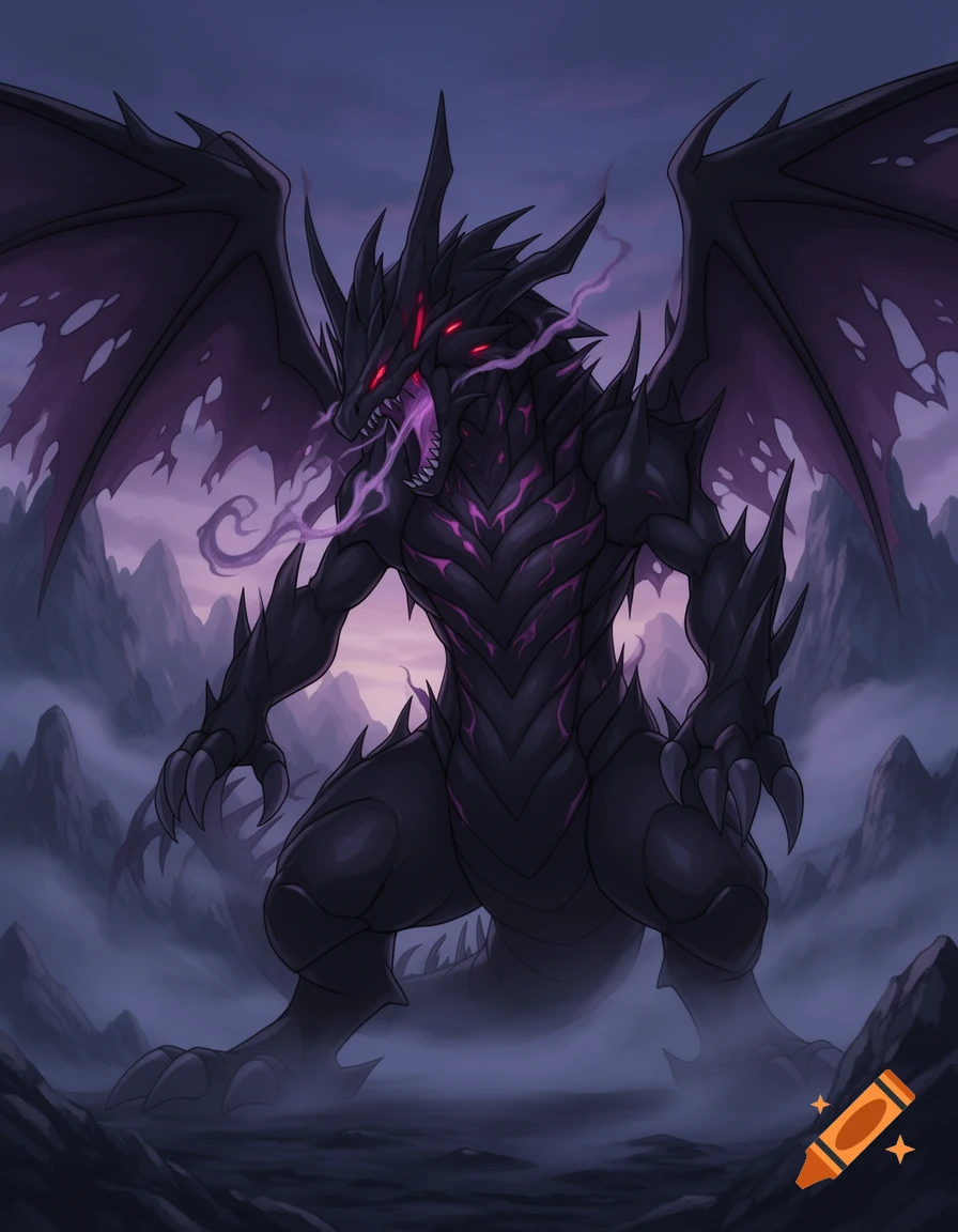 An illustrated dark black dragon with red eyes and purple glowing accents breathes purple smoke, standing in a misty, rocky landscape under a dark sky.