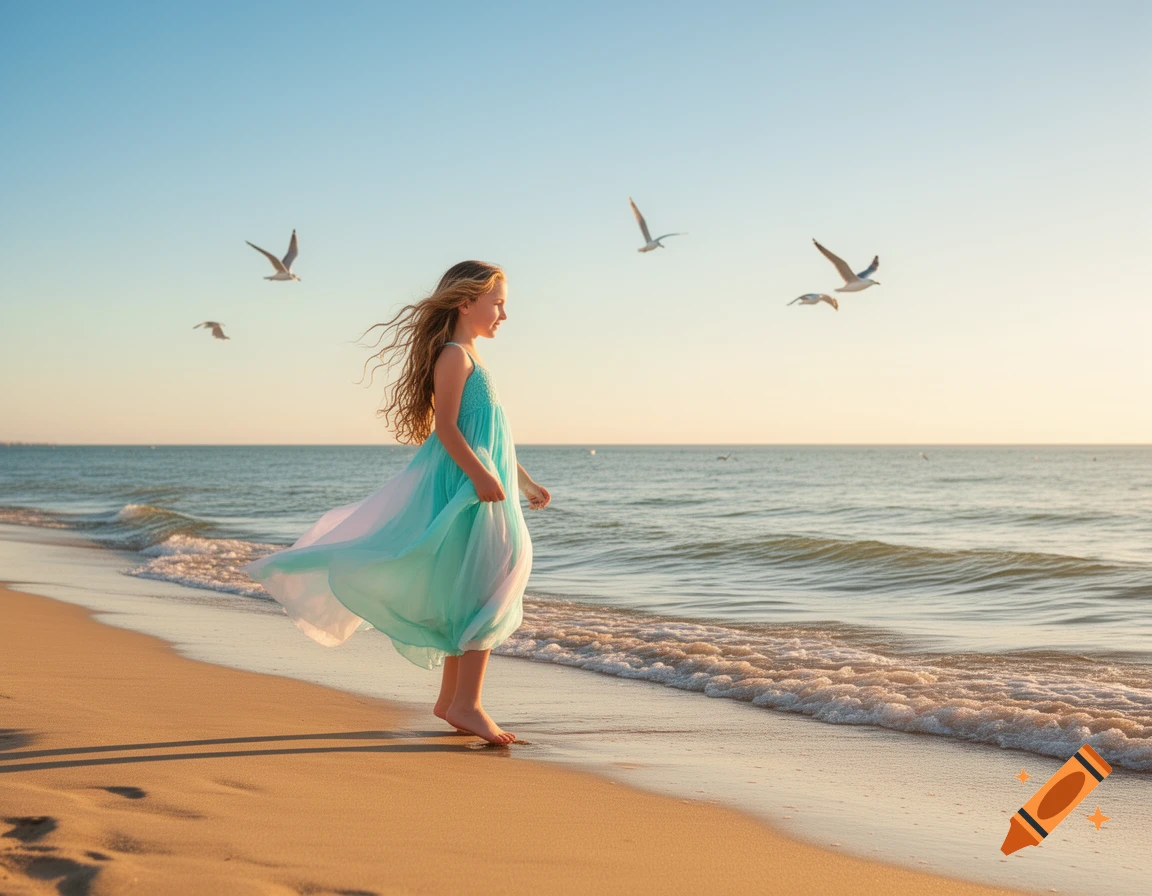 Young girl in a blue dress on a sunny beach looking at the ocean with seagulls flying above.
