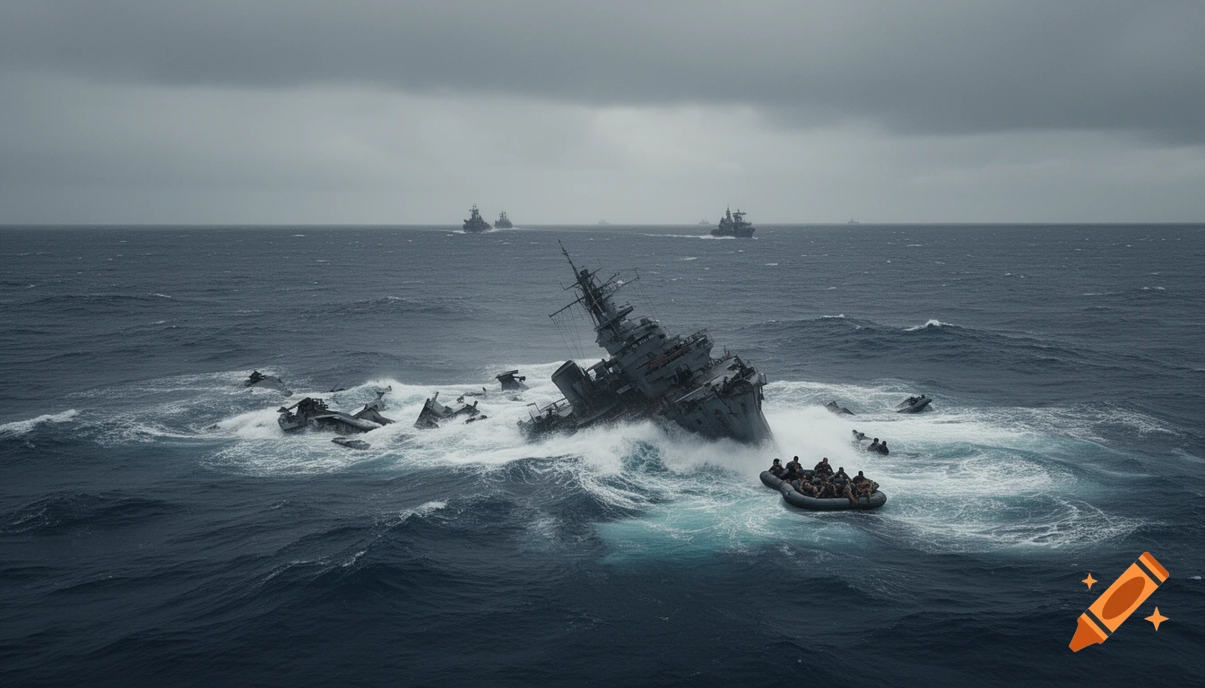A grey warship sinks in choppy dark blue waters, foam around it. A lifeboat with people is nearby, with other ships in the distance under a grey sky.