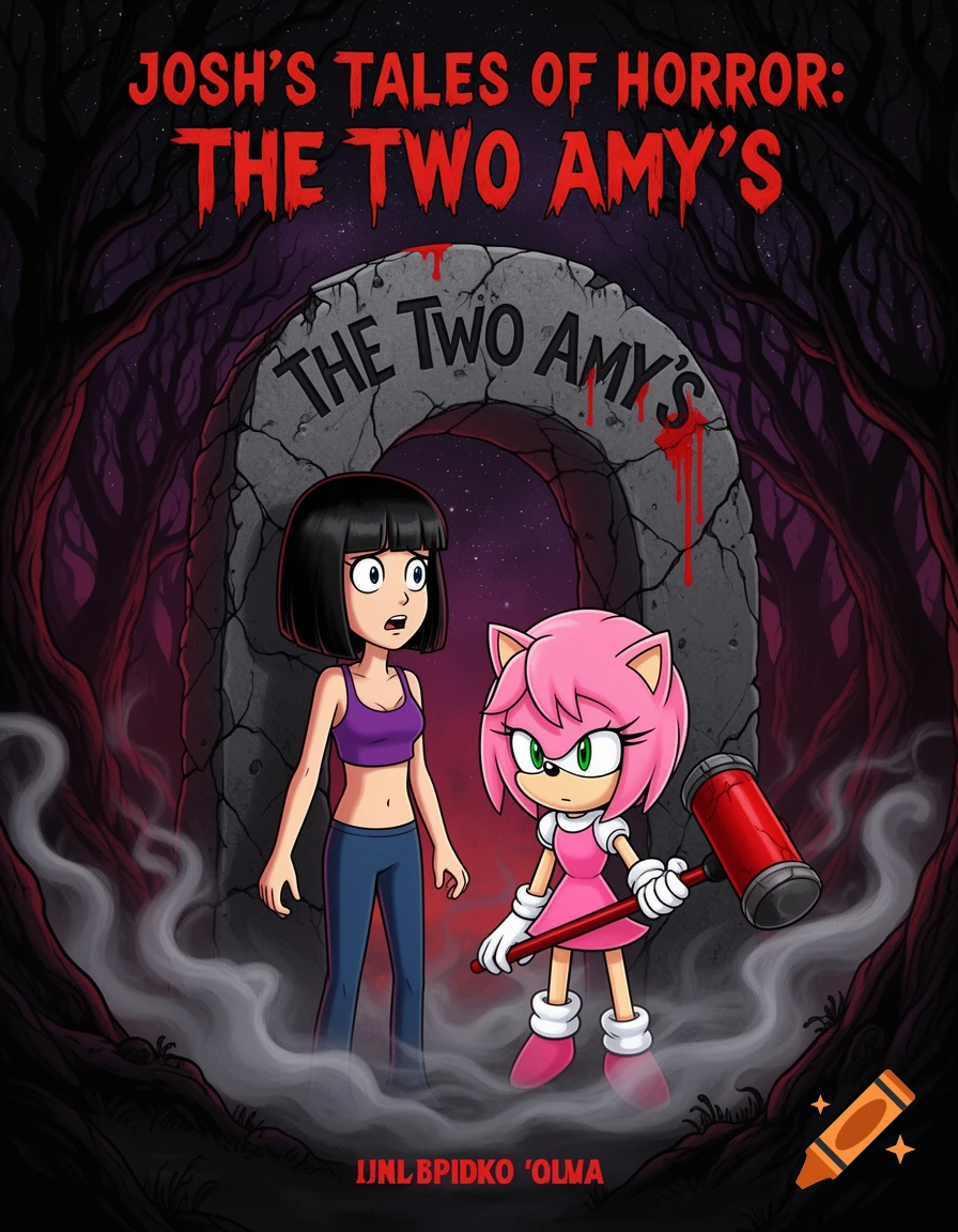 Cartoon cover art for "Josh's Tales of Horror: The Two Amy's" featuring Amy Wong and Amy Rose standing in a spooky forest before a stone arch.