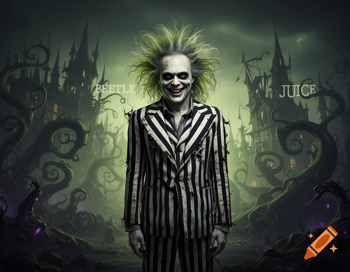 Beetlejuice in his striped suit, wild green hair, and eerie grin stands in a gothic landscape with twisted trees and haunted castles, text 'BEETLE JUICE'.