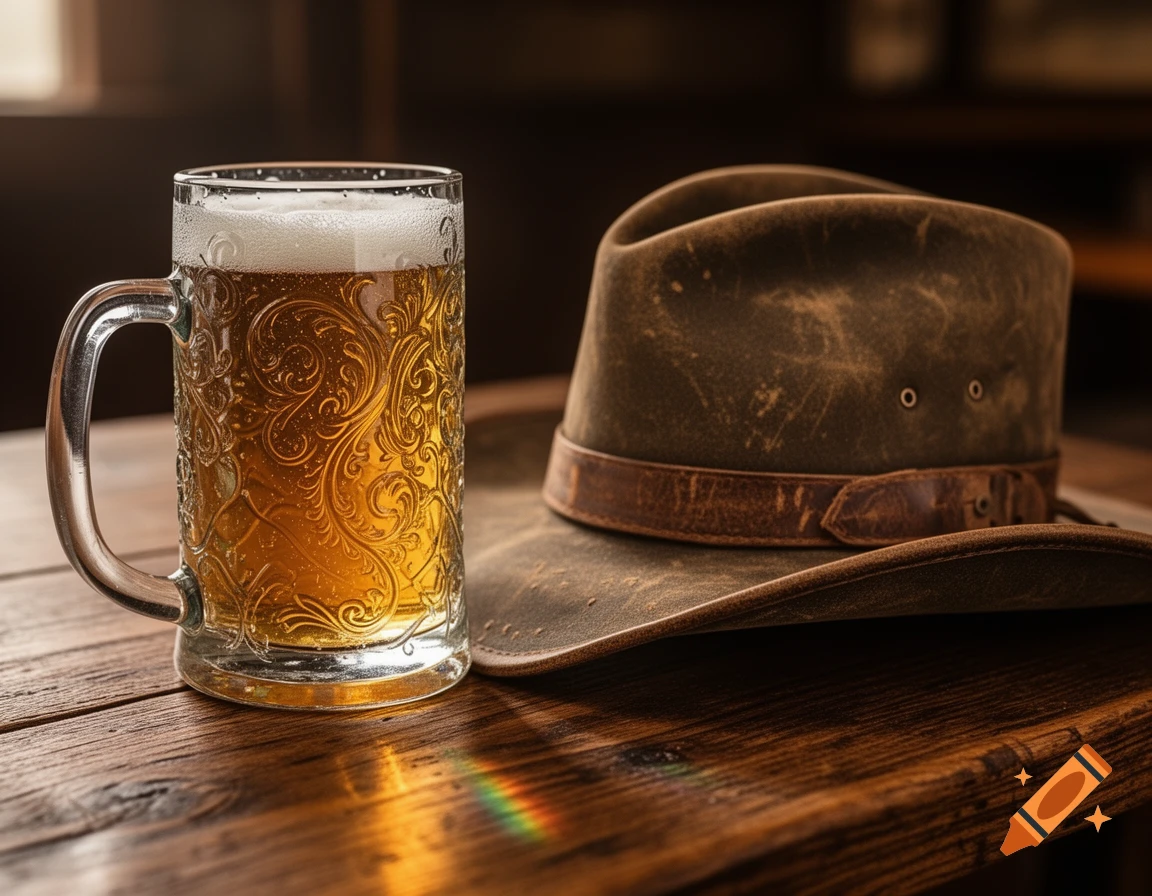 A detailed, photorealistic still life of a full beer mug with ornate carvings next to a distressed brown cowboy hat on a wooden table.