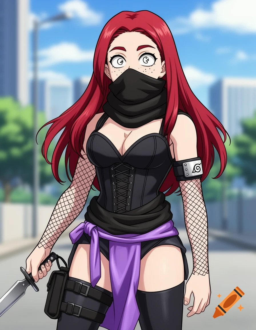 An anime-style ninja girl with red hair and a black mask holds a kunai, wearing a corset, fishnets, and a Konoha headband.