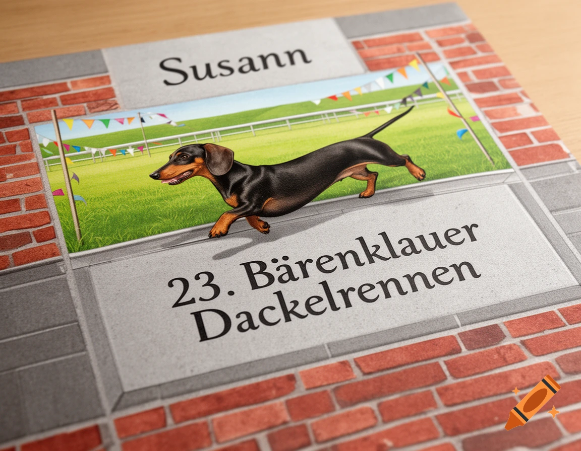 Illustrated book cover with a running dachshund on a race track, framed by bricks and stone, displaying 'Susann' and '23. Bärenklauer Dackelrennen'.