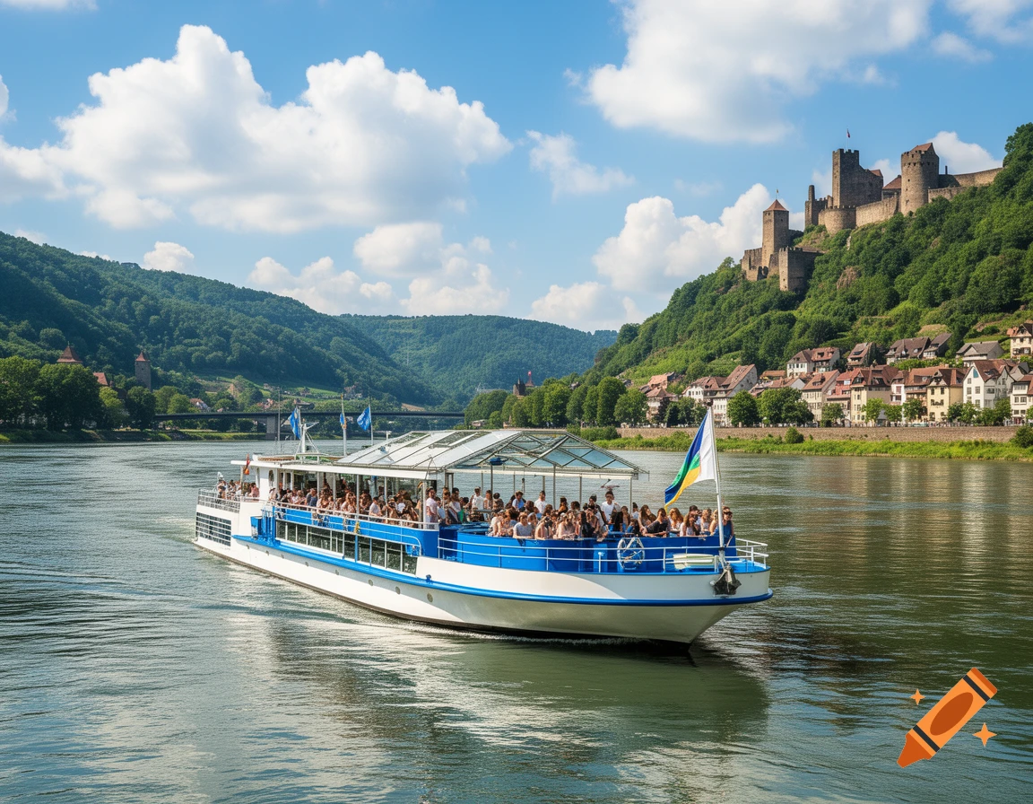 A passenger boat travels on a river past a historic castle on a green hill and a town under a blue sky.