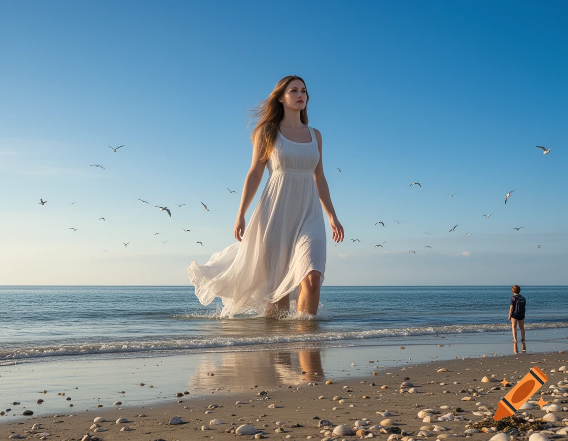A giant woman in a white dress walks through the shallow ocean water on a beach, with a small person and seagulls in the distance.