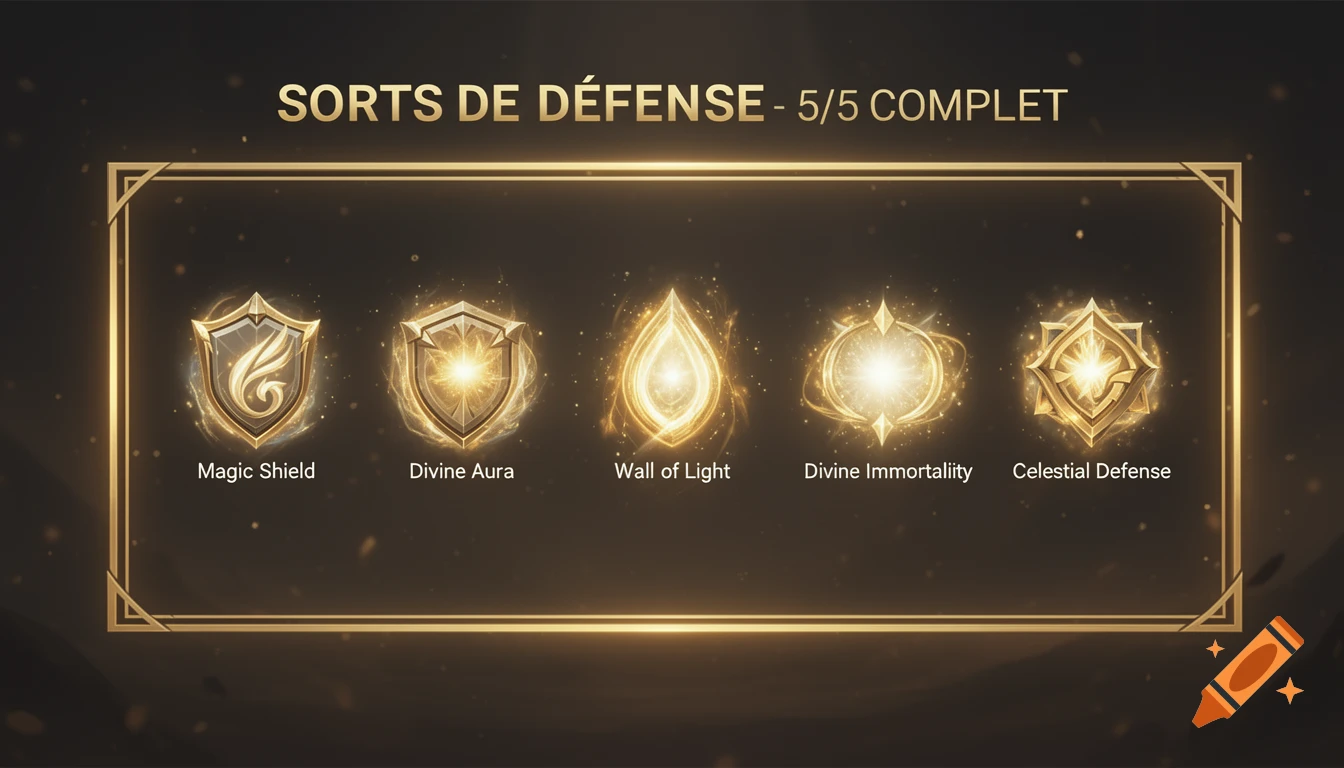 A video game UI screen with "SORTS DE D FENSE - 5/5 COMPLET" at the top. Five glowing golden spell icons are displayed, including Magic Shield, Divine Aura, Wall of Light, Divine Immortaliity, and Celestial Defense, within a radiant golden frame.