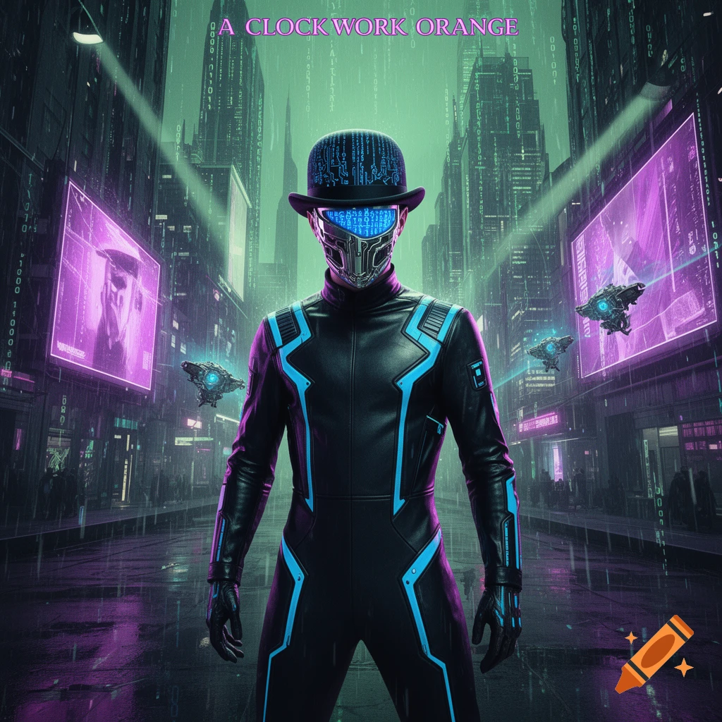 A cyberpunk character in a black suit with blue accents and a masked face, wearing a bowler hat, stands in a rainy, futuristic city with neon signs and binary code.