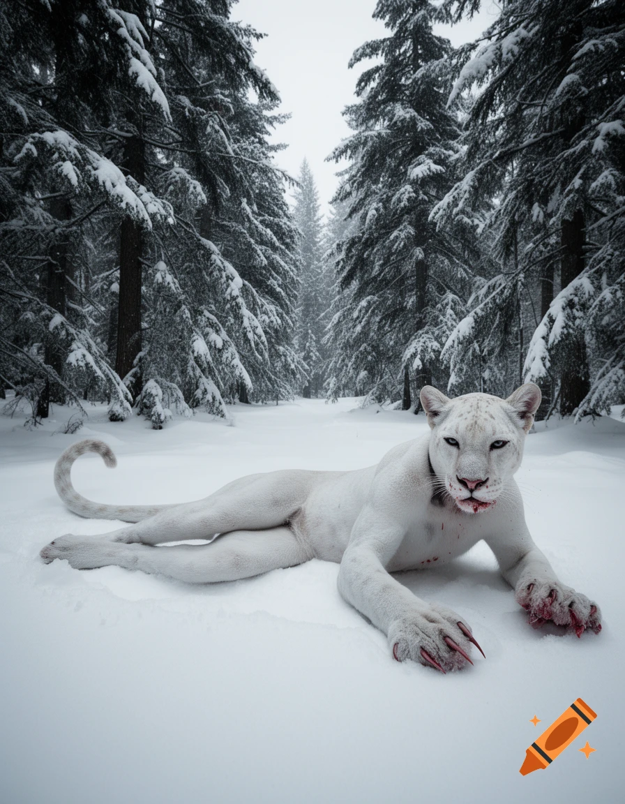 A white panther-like creature, with blood around its mouth and on its claws, lies in deep snow in a dense, snow-covered pine forest.