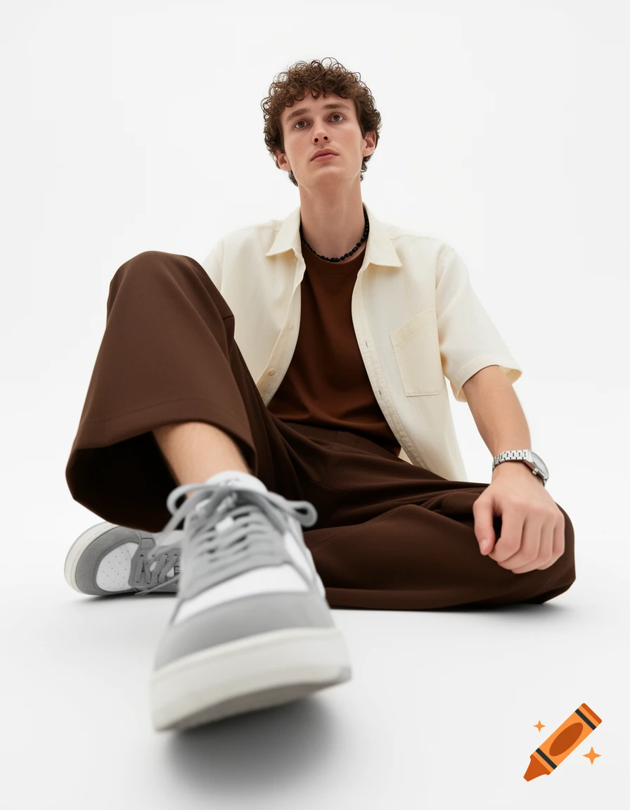 A man sits on a white floor, wearing a cream short-sleeved shirt over a brown t-shirt, dark brown wide-legged trousers, and gray and white sneakers. He has curly brown hair and a silver watch.