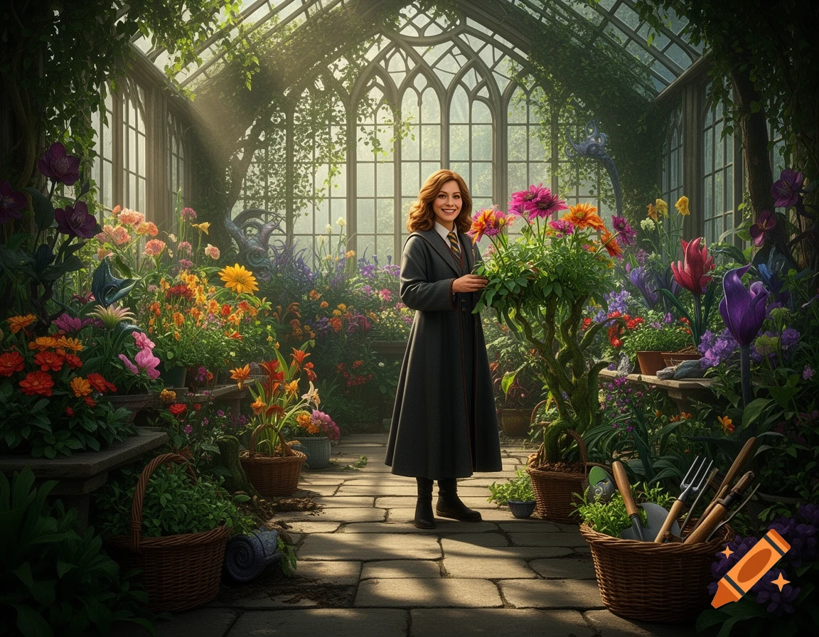 A smiling woman with brown hair tends to vibrant flowers in a large, ornate greenhouse filled with plants, photorealistic.