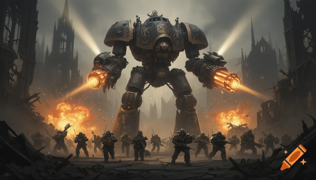 A colossal armored Imperial Titan robot with glowing plasma weapons strides through a destroyed gothic city, accompanied by advancing infantry soldiers amidst explosions in a grimdark warzone.