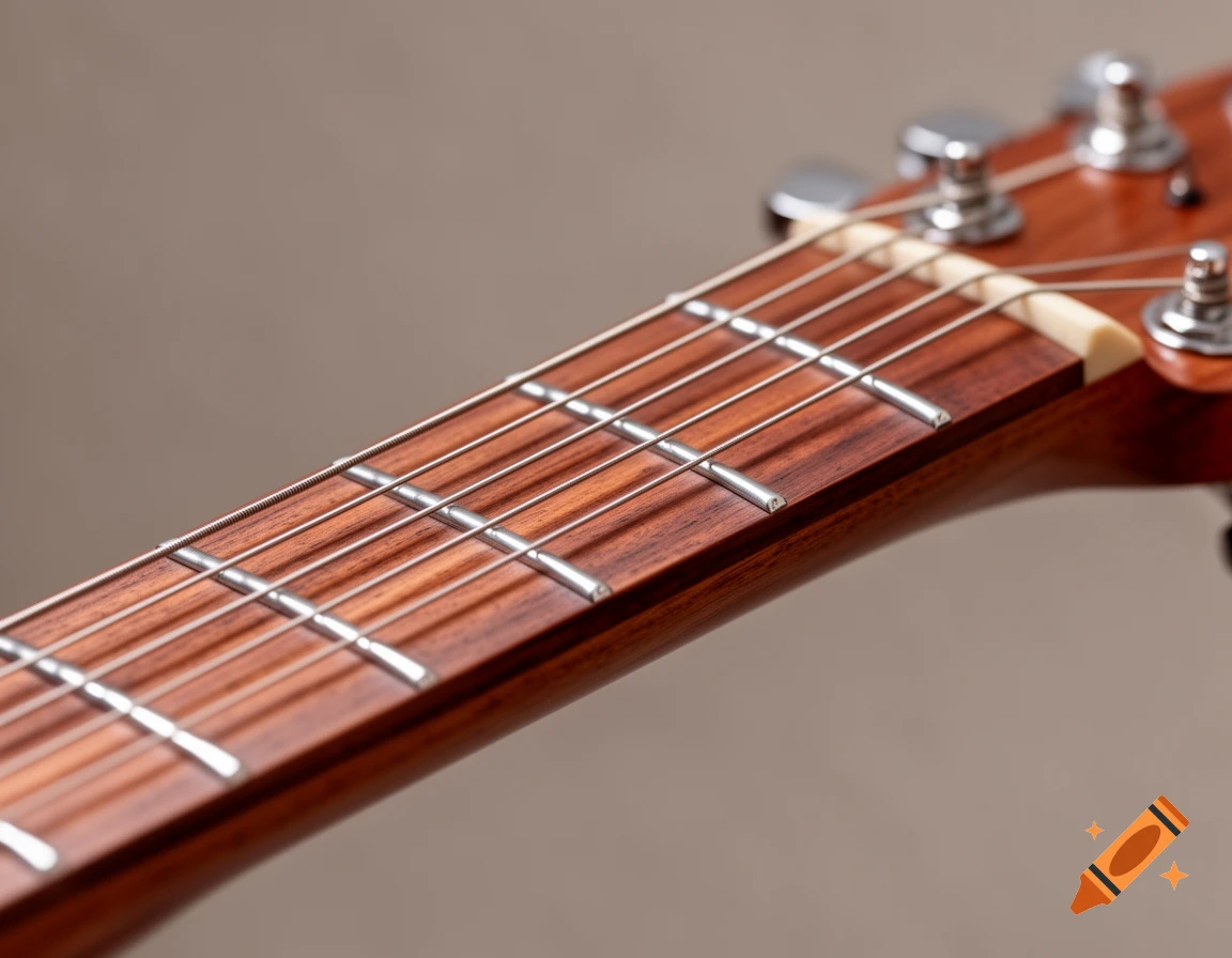 Close-up of a guitar's wooden fretboard with metal frets and strings, leading up to the tuning pegs.