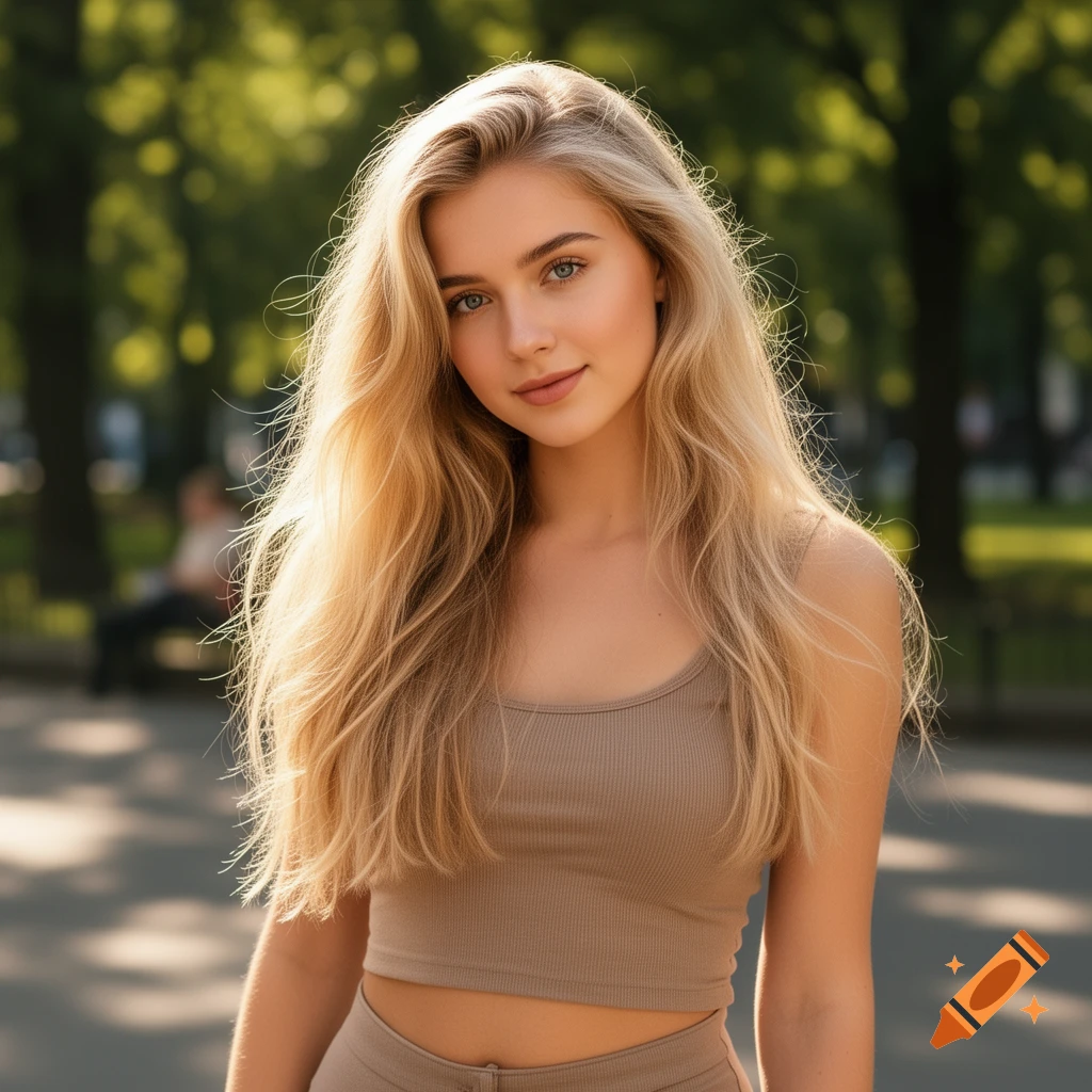 Photorealistic portrait of a young blonde woman with long wavy hair in a beige crop top, outdoors.