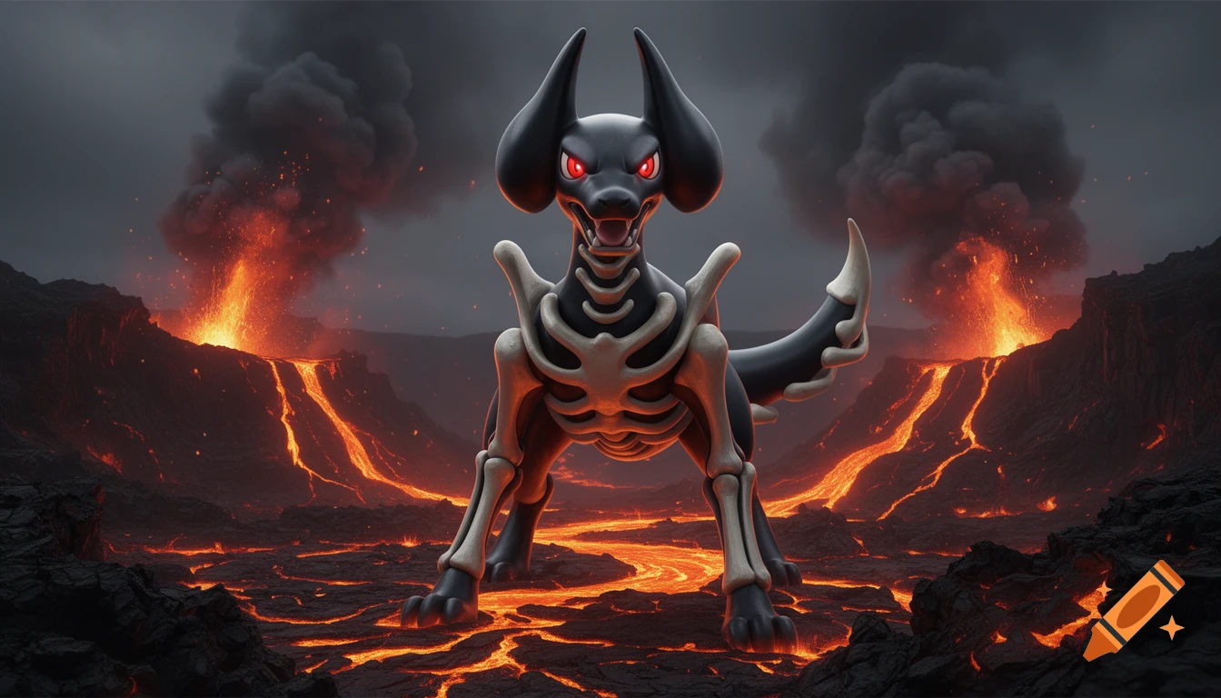 A hyperrealistic Houndoom Pokemon with glowing red eyes stands in a dramatic volcanic landscape with fiery lava flows and smoke plumes.