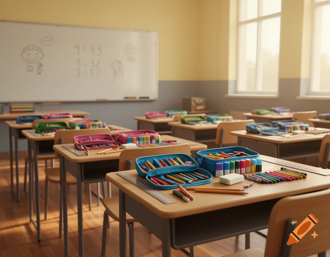 A detailed view of a school classroom with rows of wooden desks and chairs, each topped with colorful pencil cases and school supplies. A whiteboard with drawings and incorrect math equations is visible in the background.