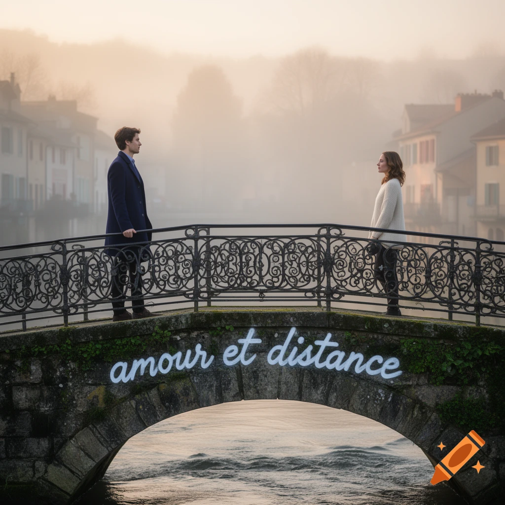 A man and woman stand on a stone bridge over a river, facing each other, in a foggy town at dawn. Text "amour et distance" on bridge. Photorealistic.