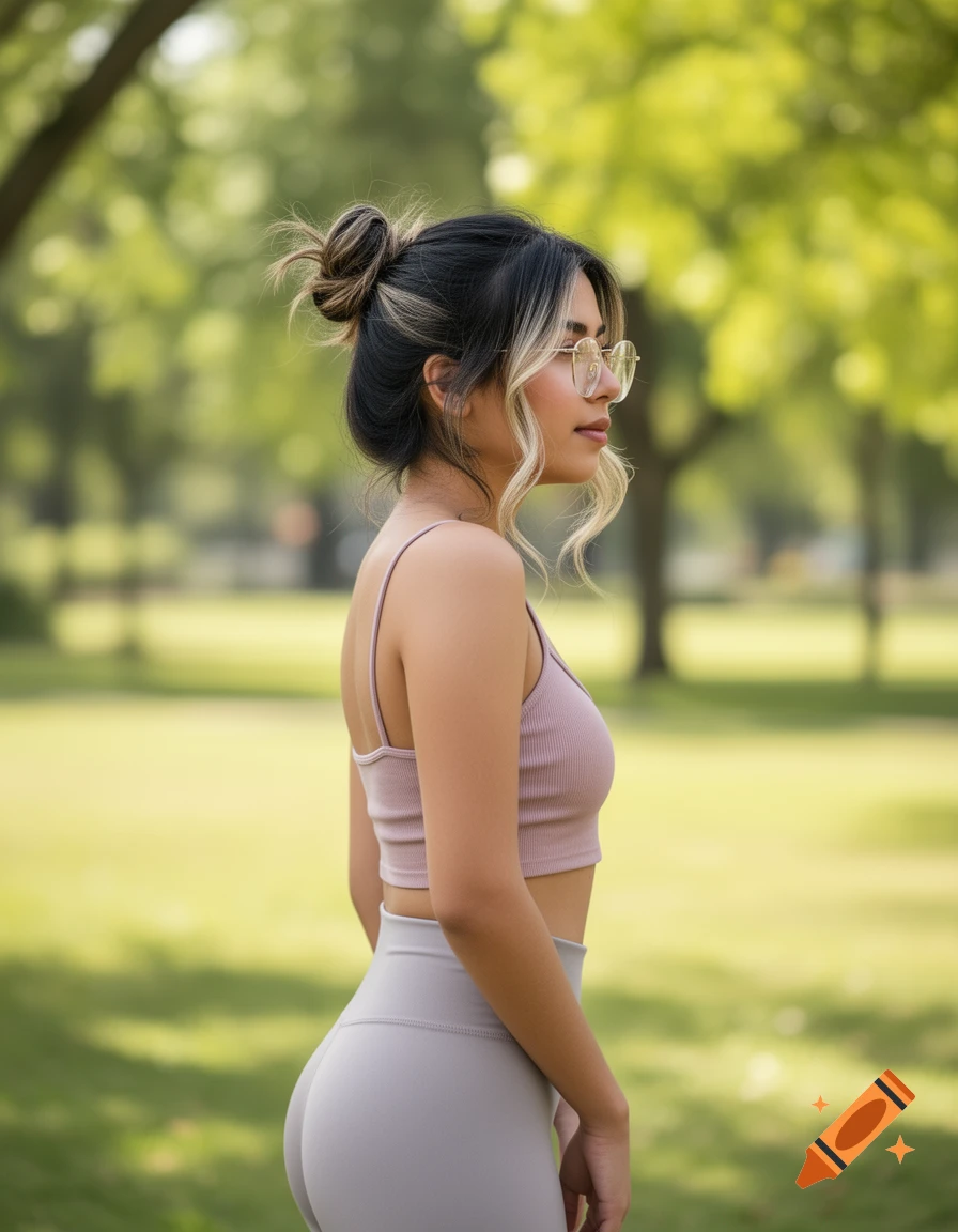 Young woman with blonde highlights in a messy bun and rounded glasses, wearing a pink crop top and grey leggings, stands sideways in a park.