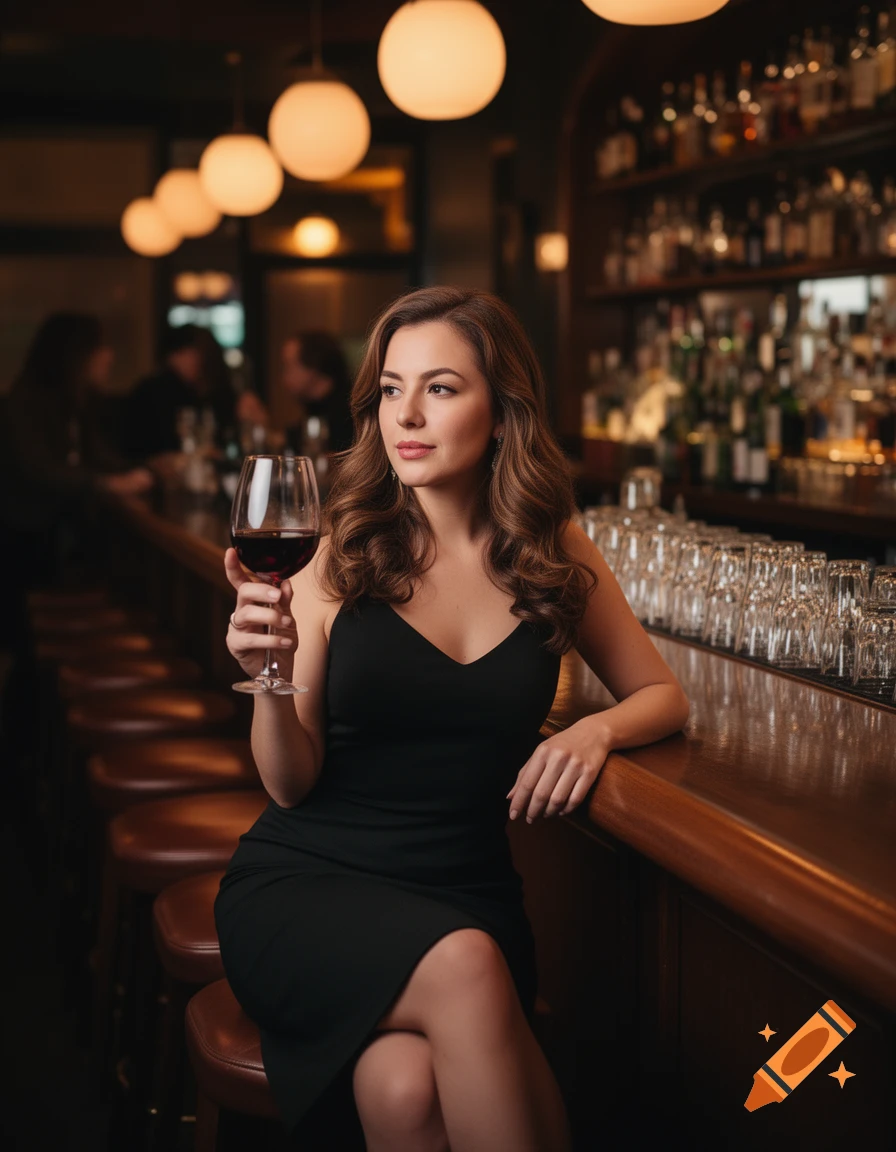 A woman in a black dress sits at a bar, holding a glass of red wine, with blurred bottles and lights in the background.
