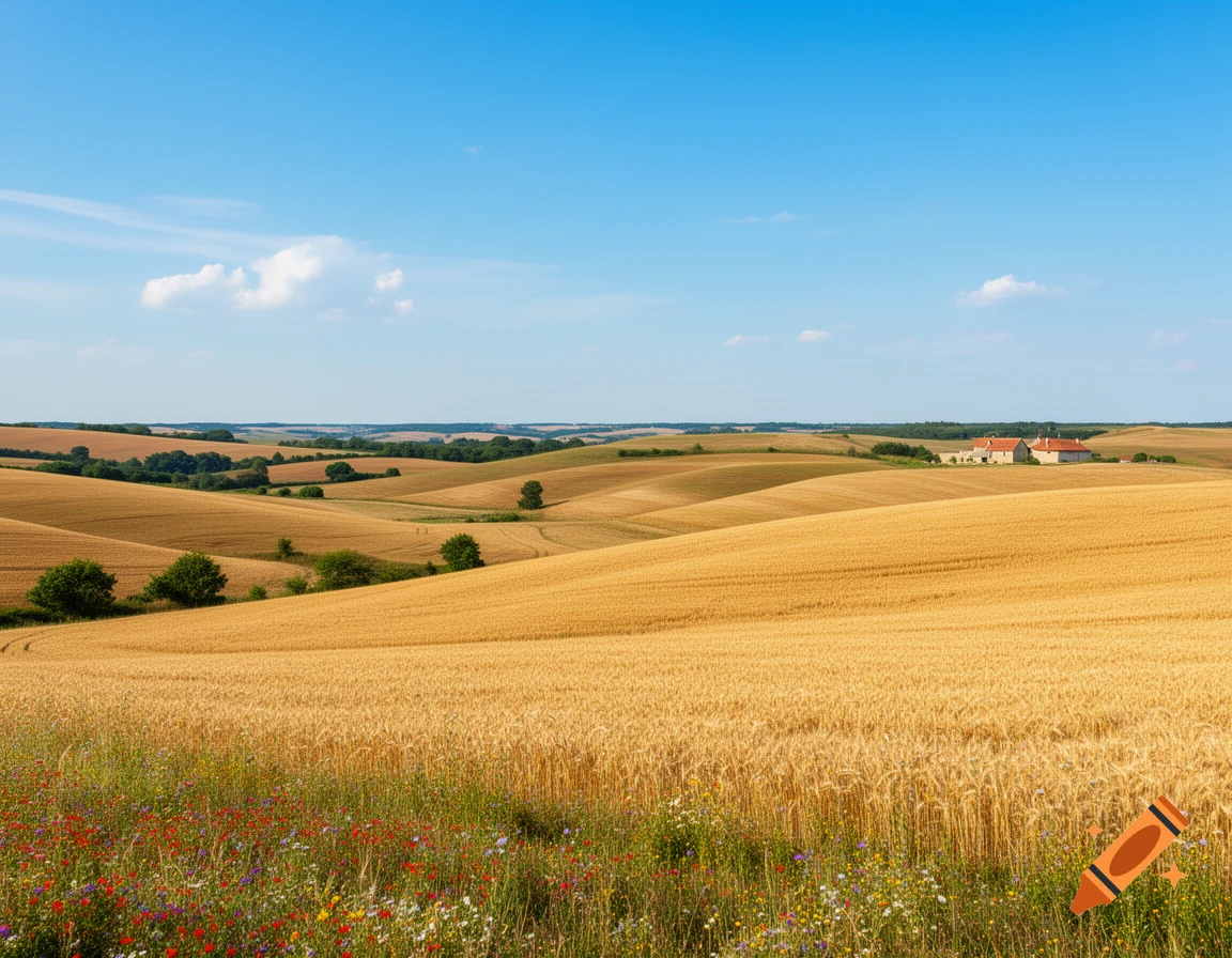 Golden rolling hills of wheat fields under a bright blue sky, with a distant farmhouse and wildflowers in the foreground.