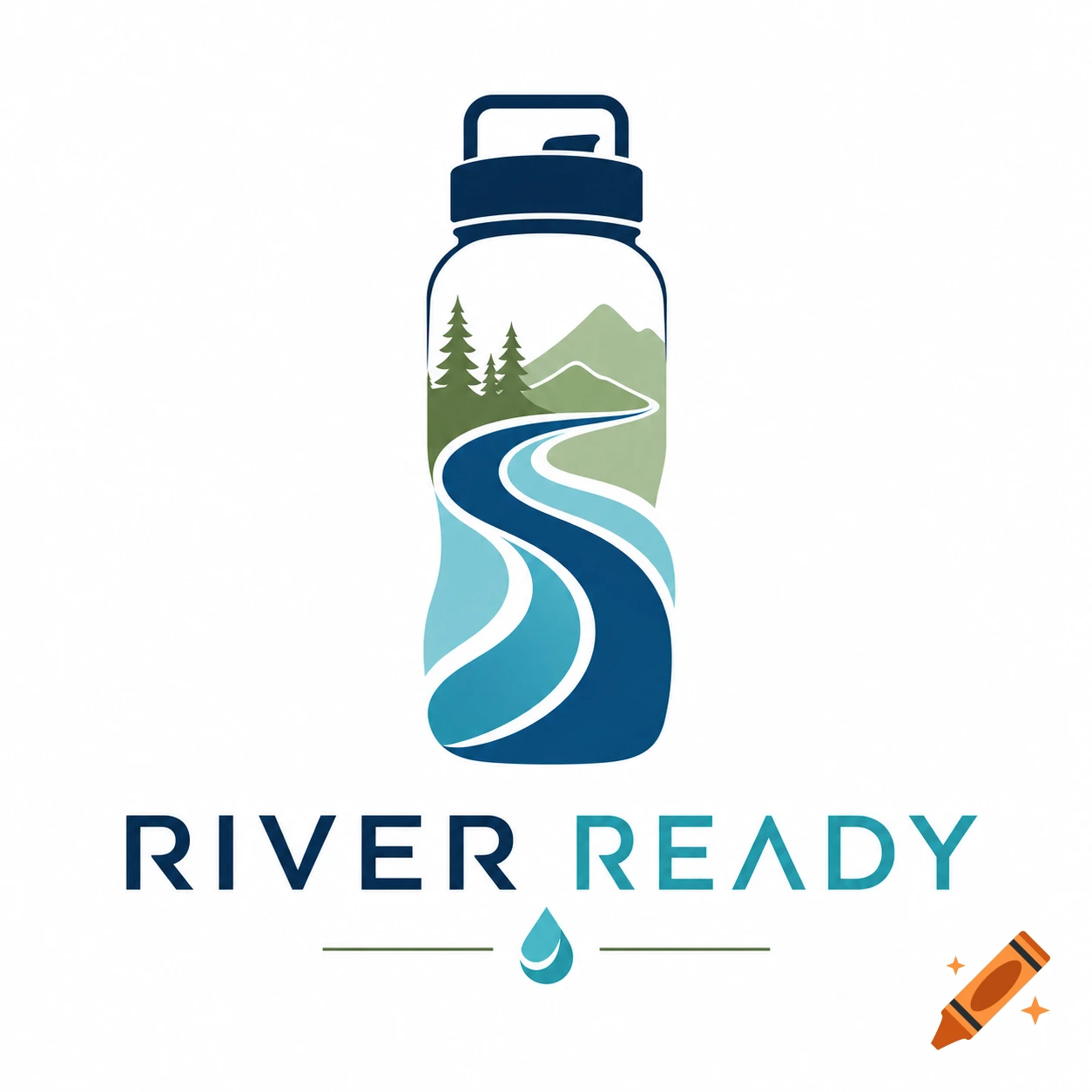 Logo for River Ready drinkware featuring a water bottle with a river, trees, and mountains inside, on a white background.