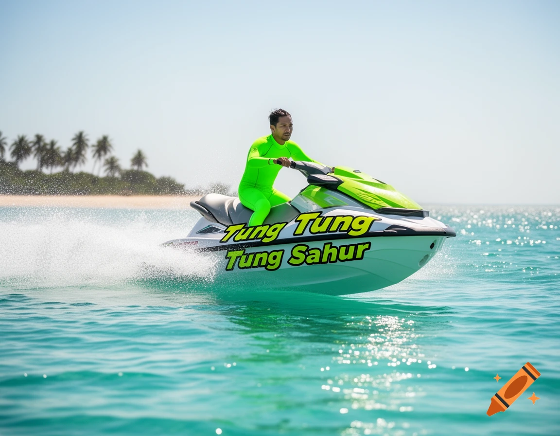 A man in a bright green wetsuit rides a white and green jetski with 'Tung Tung Tung Sahur' on its side across clear blue water, a sandy beach with palm trees in the background.