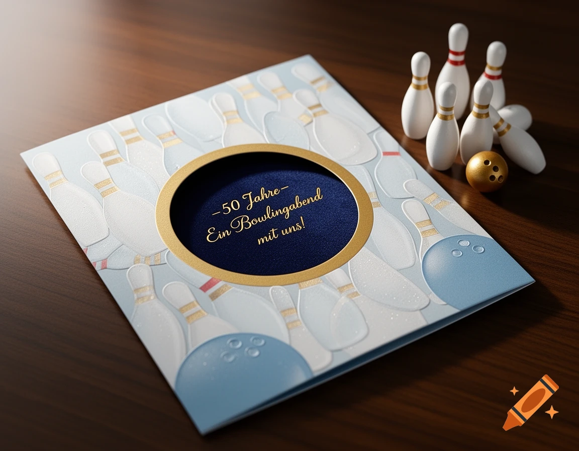A light blue greeting card with embossed bowling pin patterns, next to miniature bowling pins and a golden bowling ball on wood. The card's cutout displays text: " –50 Jahre– Ein Bowlingabend mit uns!"