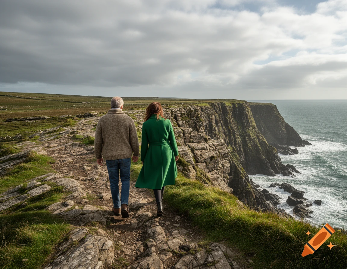 A man and a woman walk away from the camera on a rocky path along a dramatic green cliff edge overlooking the ocean under a cloudy sky.