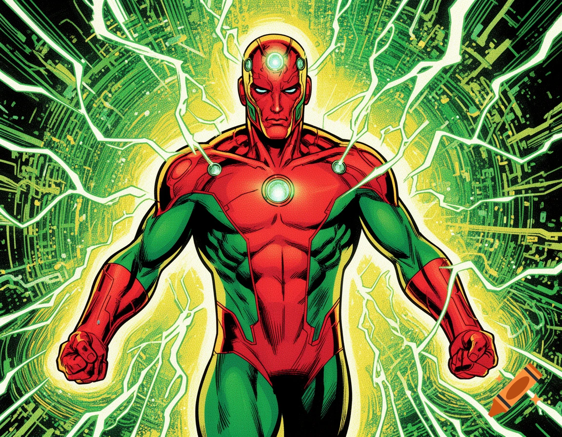 A muscular superhero, Vision, in a red and green suit with glowing gems, stands amidst vibrant green energy and circuitry patterns in a comic book art style.