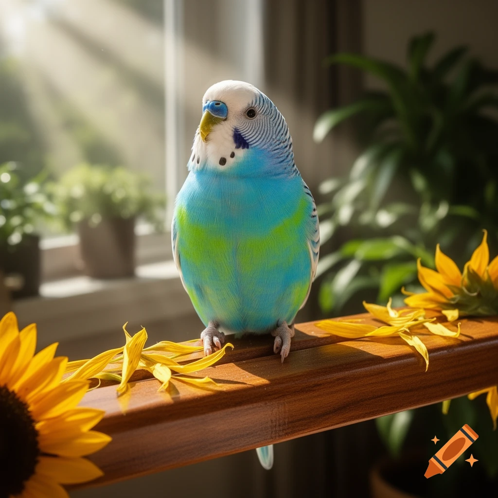A vibrant blue and green budgerigar perched on a wooden beam adorned with yellow sunflower petals, bathed in sunlight from a window.