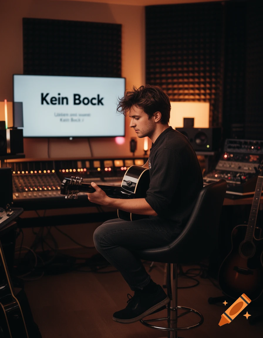 A man sits on a stool, playing an acoustic guitar in a recording studio, with a screen in the background displaying 'Kein Bock'.