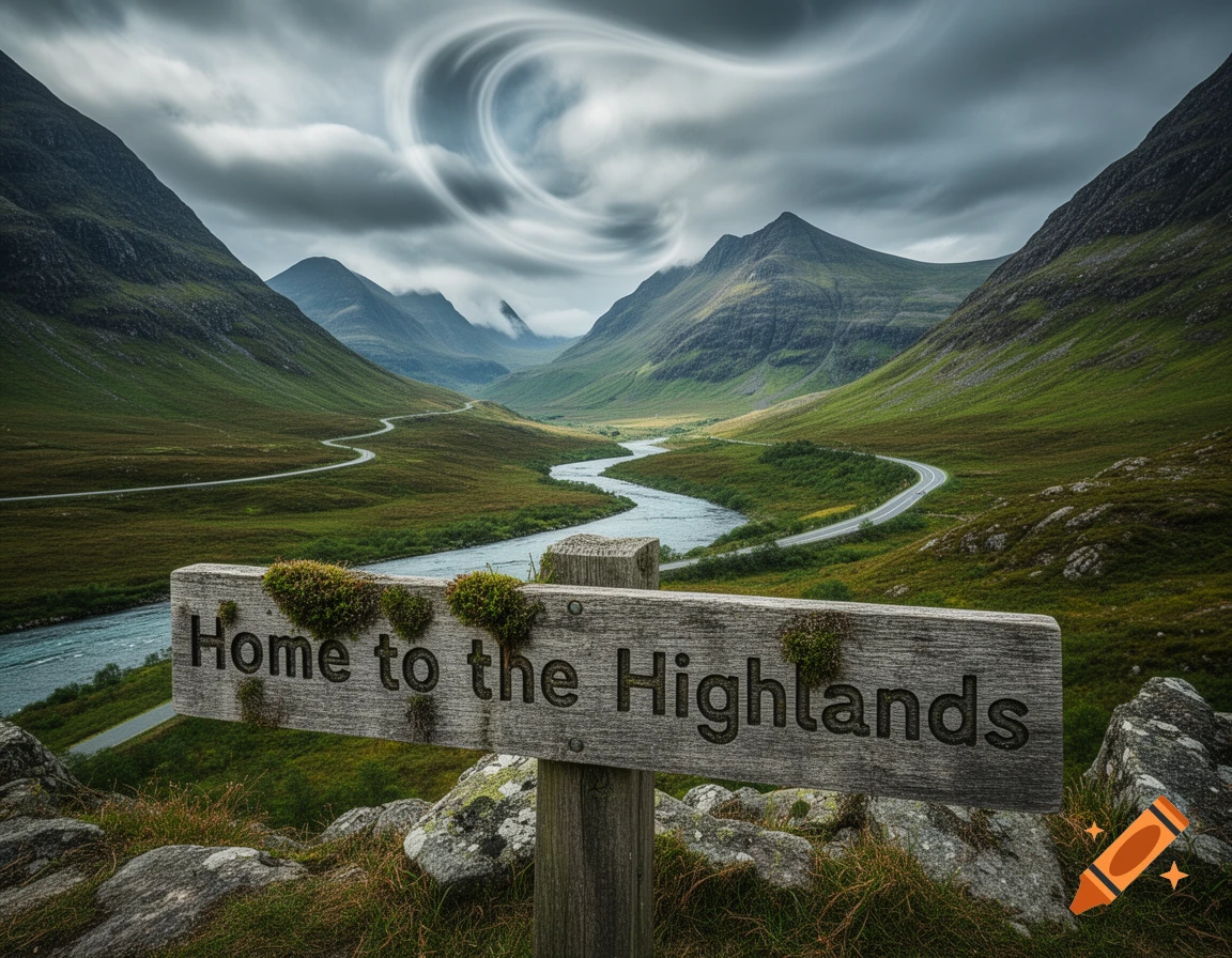 A photorealistic landscape of the Scottish Highlands with mountains, a winding river, and a road. A wooden sign reads "Home to the Highlands." The sky has a surreal swirling cloud formation.