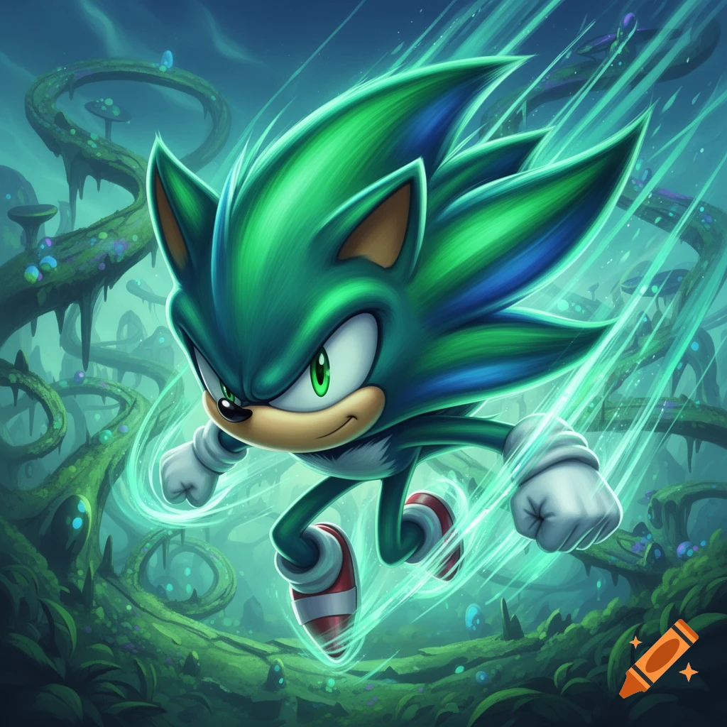 A vibrant green and blue Sonic character with glowing green eyes dashes through a mystical, overgrown jungle environment, leaving light trails.