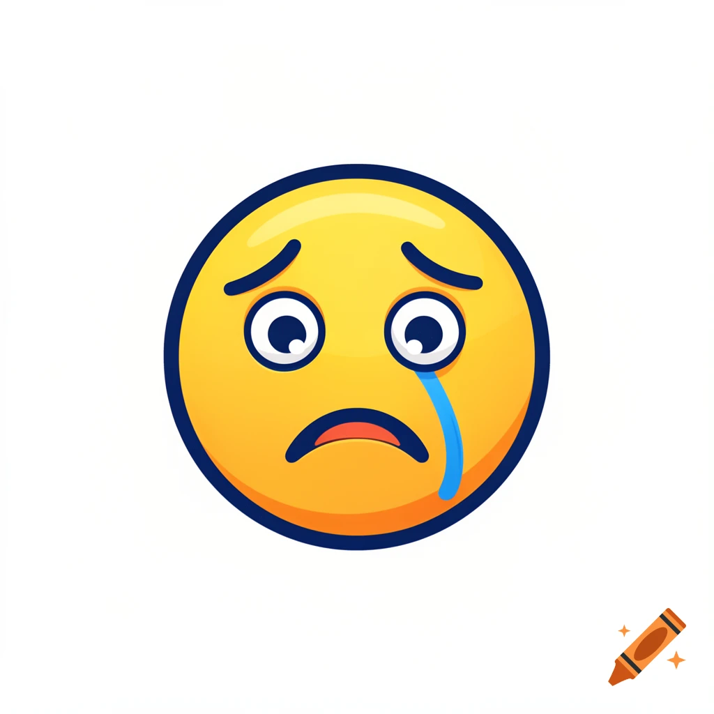 A yellow emoji face with downturned eyebrows and mouth, and a single blue tear running down its right cheek.