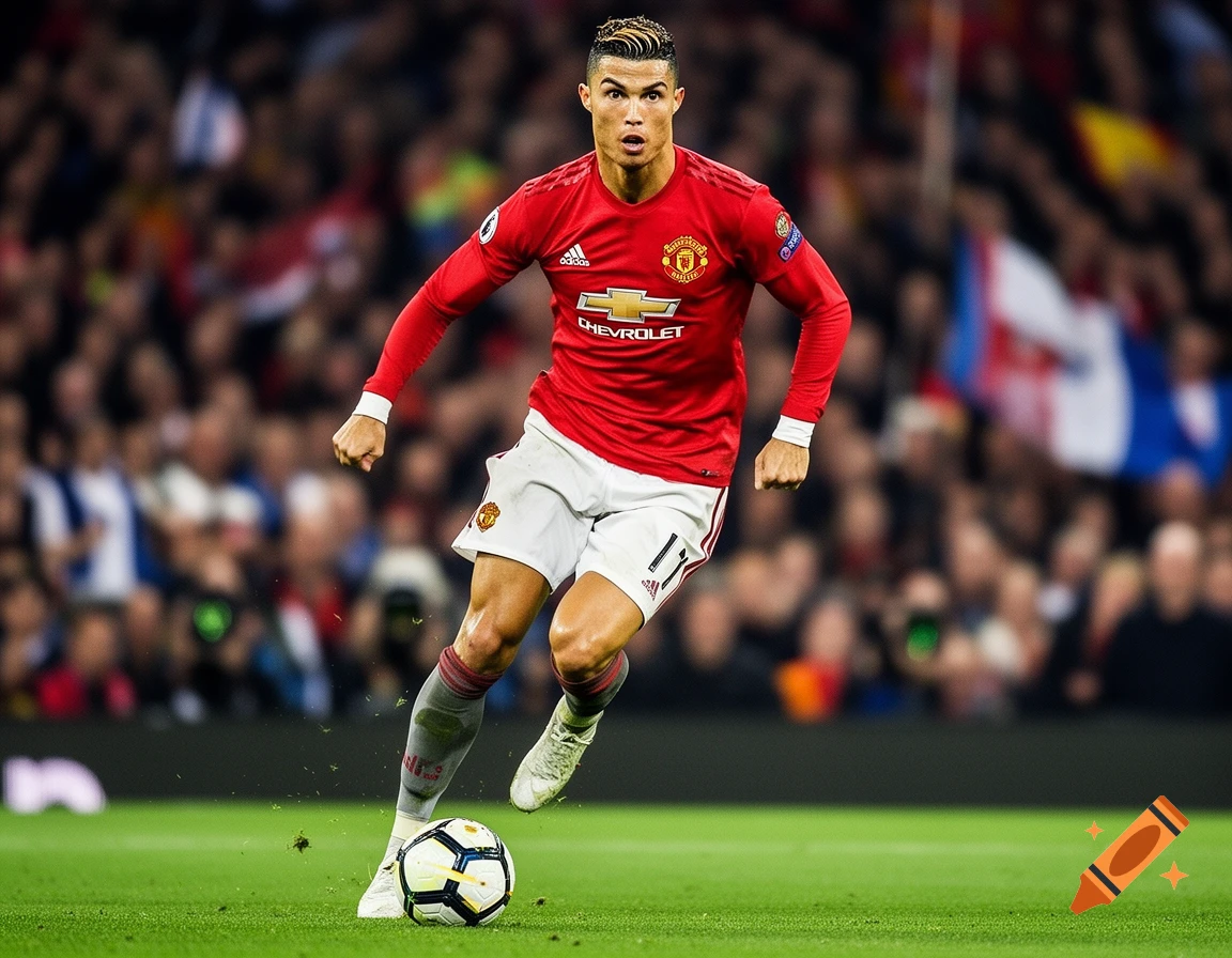 Photorealistic image of soccer player Cristiano Ronaldo in a red Manchester United jersey and white shorts, dribbling a ball on a green field during a match, with a blurred stadium crowd in the background.