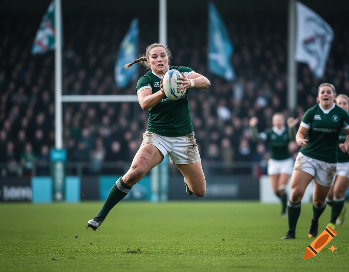 A female rugby player in a green jersey and white shorts, holding a ball and running across a muddy field during a game, with spectators in the blurred background.