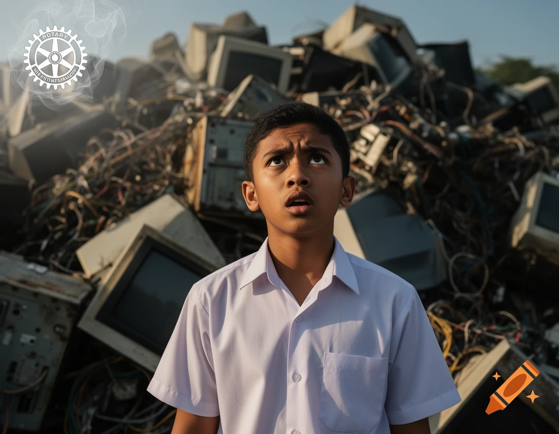 A young boy looks up with a surprised expression, standing in front of a massive pile of discarded computers and electronics, with a Rotary logo in the top left corner.