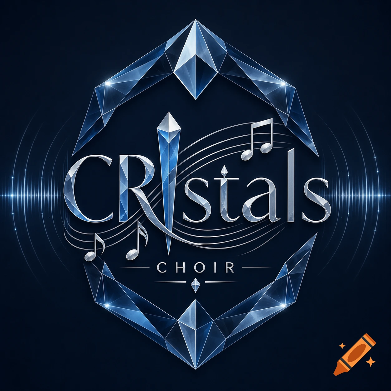 A modern logo for "CRIstals CHOIR" featuring shiny blue crystals, musical notes, and sound wave graphics on a dark background.