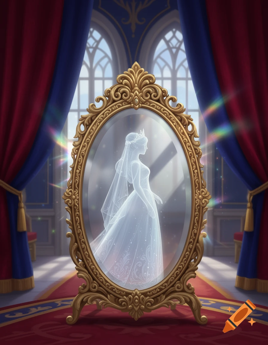 A magic golden mirror reflecting the translucent silhouette of a bride or queen in an opulent room with red and blue curtains.