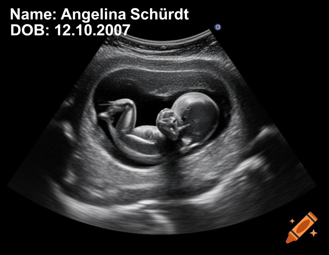 A black and white ultrasound image showing a fetus in the womb, with patient name and date of birth overlaid.