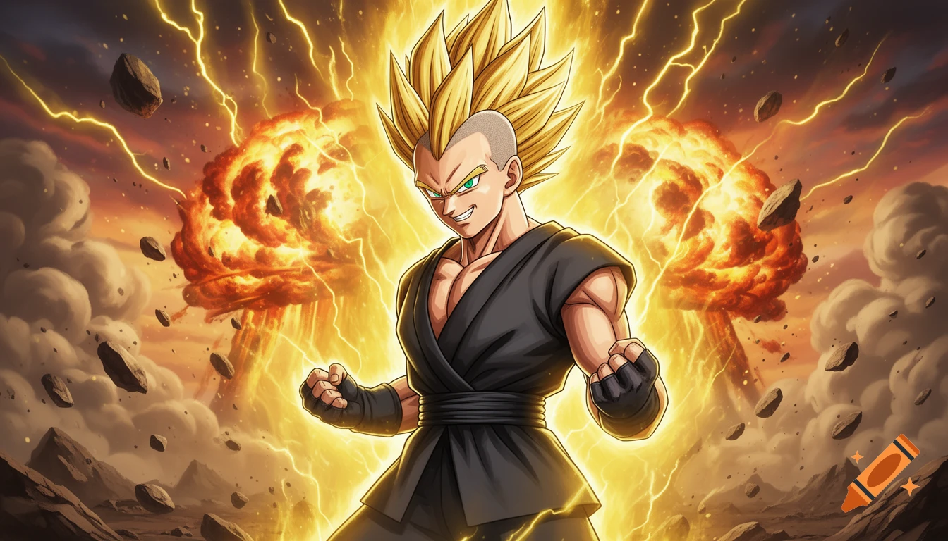 Anime-style male Saiyan warrior with spiky golden hair, green eyes, and a black gi, surrounded by a golden aura and lightning, with explosions and flying rocks in a chaotic battlefield background.