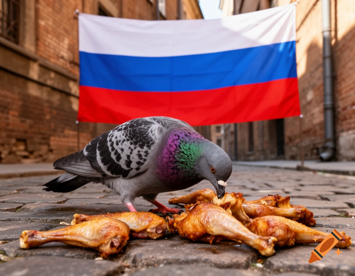 A photorealistic image of a pigeon pecking at cooked chicken drumsticks on a cobblestone street, with a large Russian flag in the background.