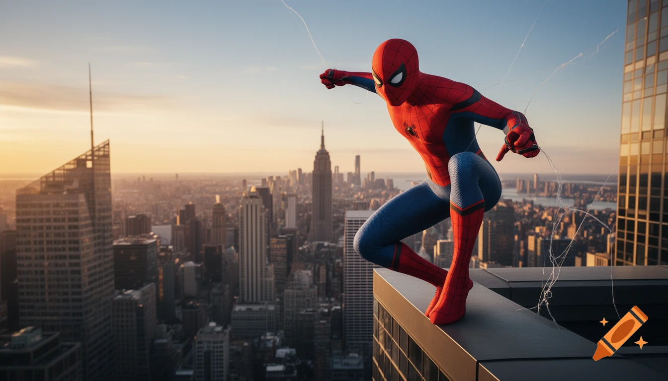 A photorealistic Spider-Man in his red and blue suit crouches on a skyscraper ledge, overlooking a vast city at sunset.